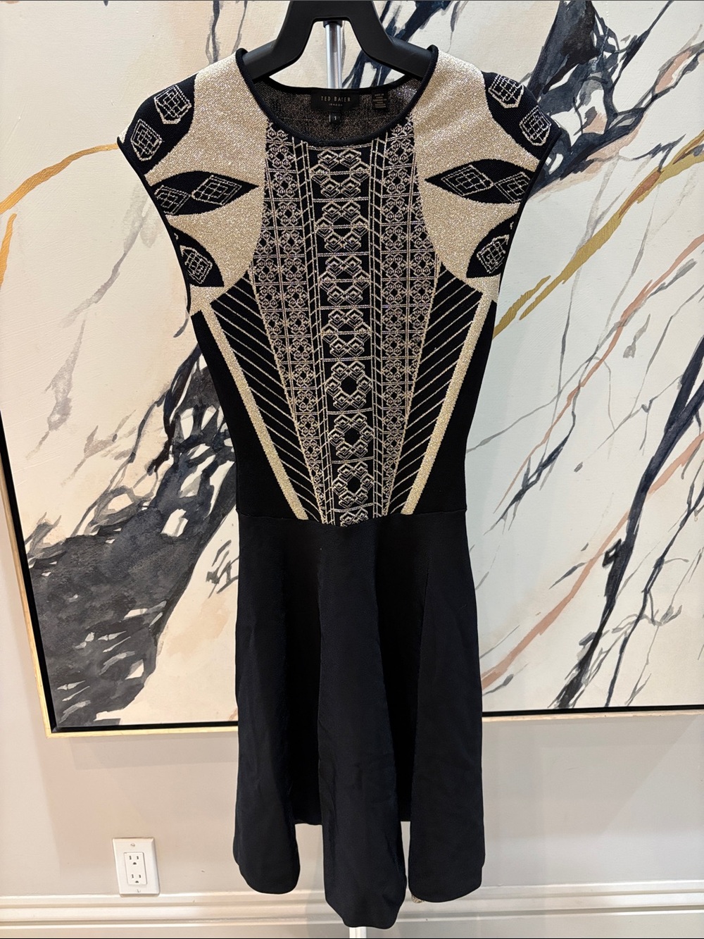 Ted Baker Black and Cream Embroidered Fit-and-Flare Midi Dress